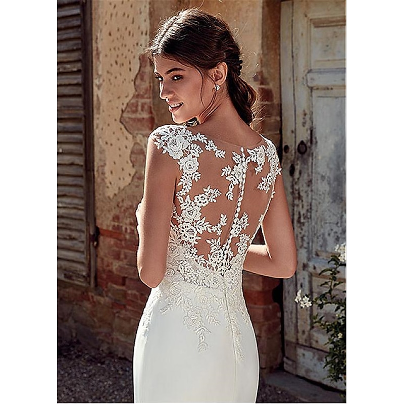 Beach Wedding Beach Open Back Wedding Dresses Mermaid Illusion Neck Cap Sleeve Court Train Chiffon Bridal Gowns With Appliques4