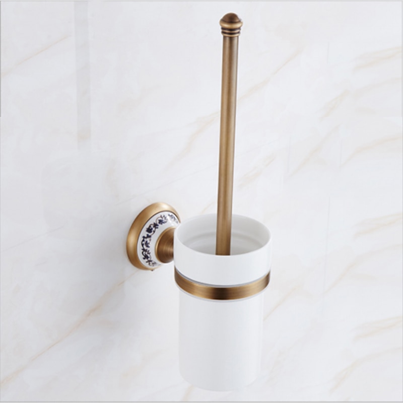 Toilet Brush with Holder,Antique Brass Ceramics Wall Mounted Rubber Painted Toilet Bowl Brush and Holder for Bathroom - Main Image
