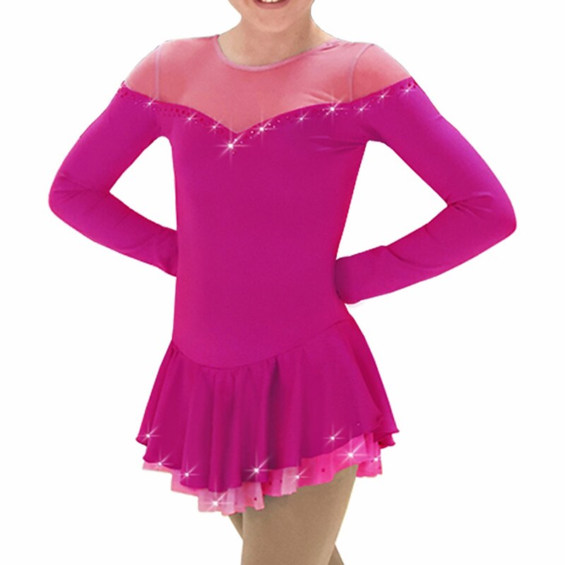 Figure Skating Dress Women's Girls' Ice Skating Dress Outfits Fuchsia Blue Patchwork Spandex High Elasticity Training Competition Skating Wear Handmade Patchwork Crystal / Rhinestone Long Sleeve Ice2