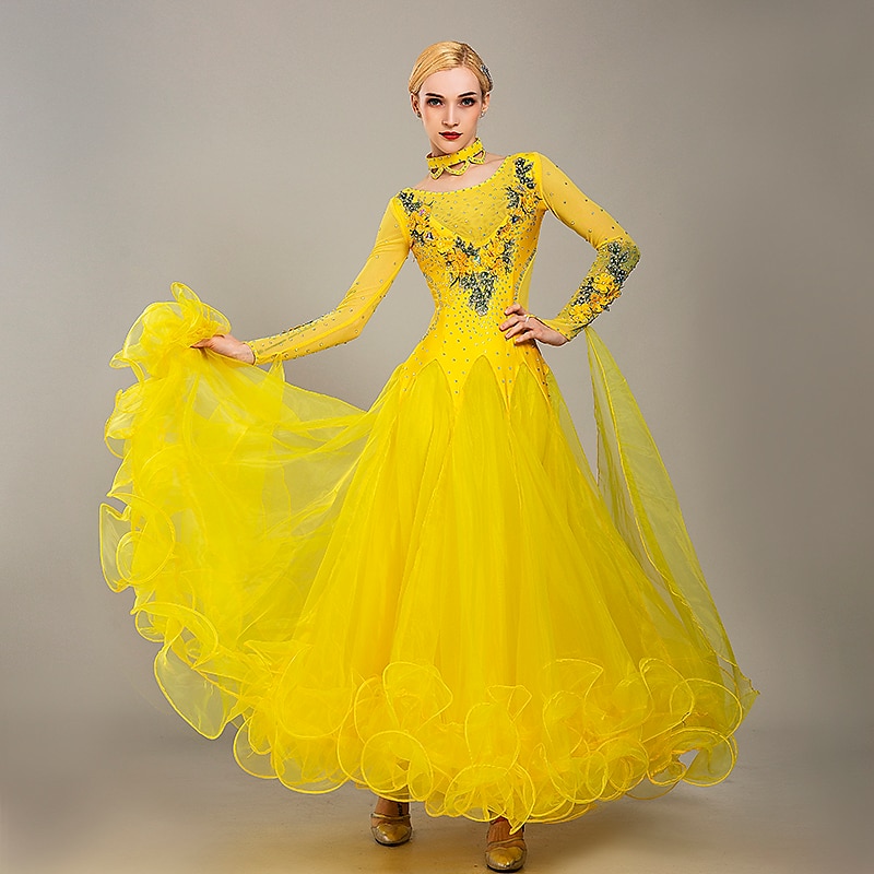 Ballroom Dance Dress Embroidery Appliques Crystals / Rhinestones Women's Performance Training Long Sleeve Tulle Ice Silk4