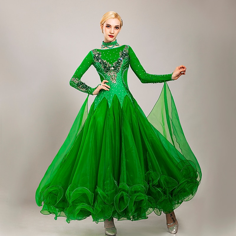 Ballroom Dance Dress Embroidery Appliques Crystals / Rhinestones Women's Performance Training Long Sleeve Tulle Ice Silk2