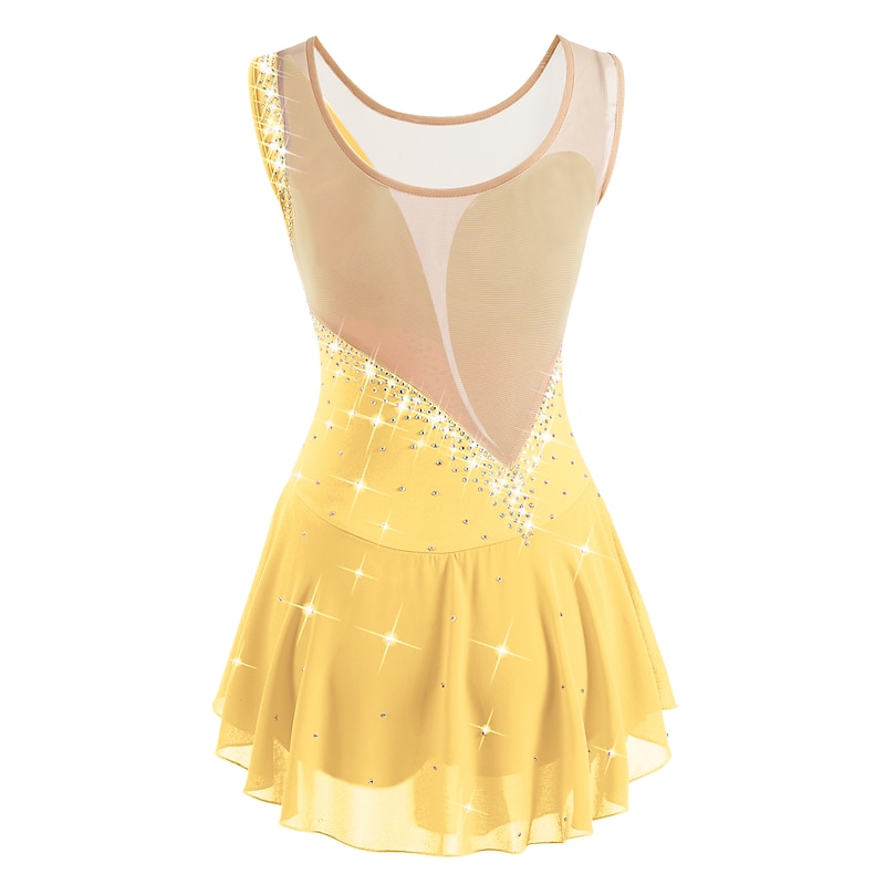 Figure Skating Dress Women's Girls' Ice Skating Dress White / White Yellow & Yellow Dark Purple Asymmetric Hem Mesh Spandex High Elasticity Competition Skating Wear Crystal / Rhinestone Sleeveless3