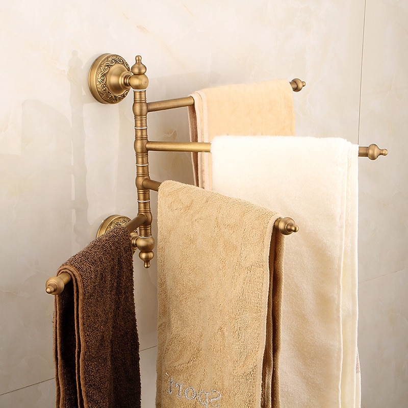 Multifunction Brushed Brass Towel holder Towel Rack Electroplated Brass Bathroom Shelf with 4 Rods Wall Mounted 1pc3