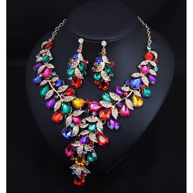 Bridal Jewelry Sets 1 set Crystal Rhinestone Alloy 1 Necklace Earrings Women's Statement Colorful Cute Fancy Flower irregular Jewelry Set For Wedding Party2