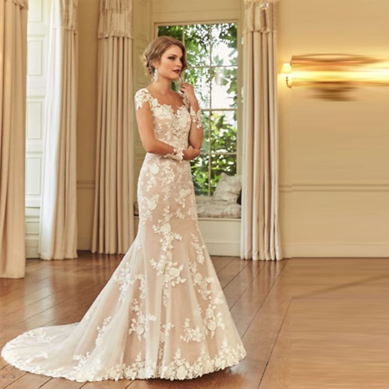 Gold Dress Engagement Formal Wedding Dresses Mermaid Illusion Neck Long Sleeve Court Train Lace Bridal Gowns With Embroidery dress to impress3