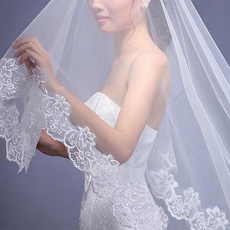 One-tier Classic Style / Lace Wedding Veil Chapel Veils with Solid / Pattern POLY / Lace2
