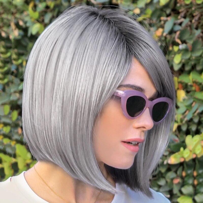 Synthetic Wig Straight kinky Straight Bob Machine Made Wig Short Grey Brown Synthetic Hair 11 inch Women's Brown Gray / Daily Wear2
