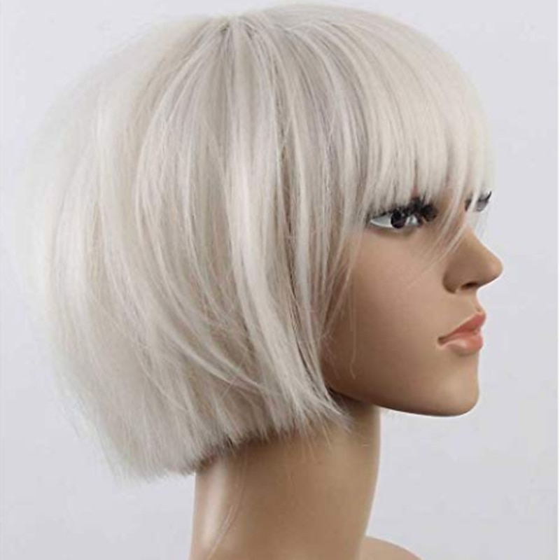 White Wigs for Women Synthetic Wig Kinky Straight Bob Neat Bang Wig Short White Synthetic Hair 7 Inch Women's White Christmas Party Wigs4