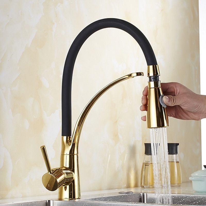 Single Handle Kitchen Faucet, Electroplated One Hole Pull Out/Centerset/Tall/­High Arc, Brass Kitchen Faucet2
