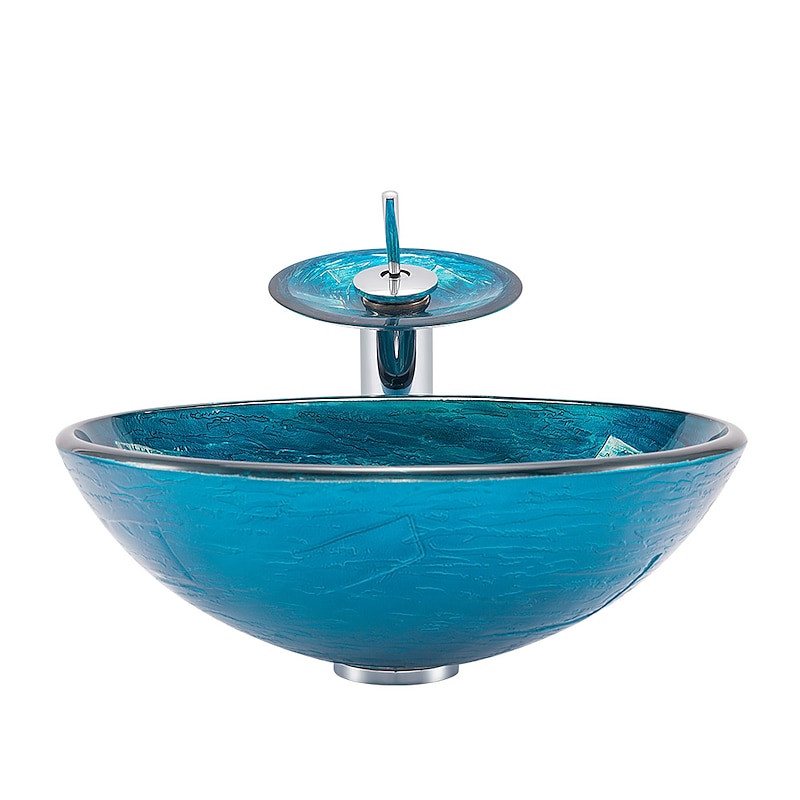 Minimalist Mediterranean Wind Round Basin Tempered Glass Wash Basin With Waterfall Faucet Basin Support Drainer3