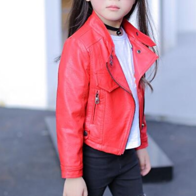 Girls' Black Leather Jacket Solid Colored Jacket & Coat Basic PU Toddler School2