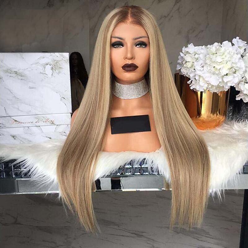 Synthetic Wig Straight kinky Straight Asymmetrical Machine Made Wig Blonde Long Blonde Synthetic Hair 27 inch Women's Middle Part Blonde / Daily Wear barbiecore Wigs2