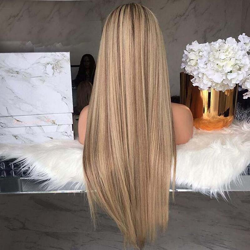 Synthetic Wig Straight kinky Straight Asymmetrical Machine Made Wig Blonde Long Blonde Synthetic Hair 27 inch Women's Middle Part Blonde / Daily Wear barbiecore Wigs3