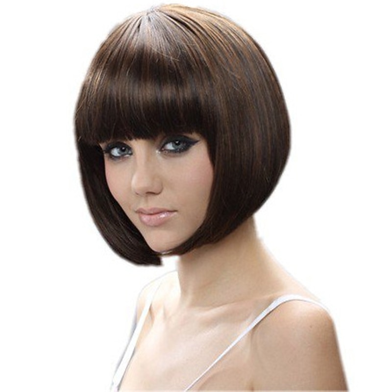 Synthetic Wig Straight Bob Neat Bang Machine Made Wig Short Brown Synthetic Hair 13 inch Women's Best Quality Brown / Daily Wear2