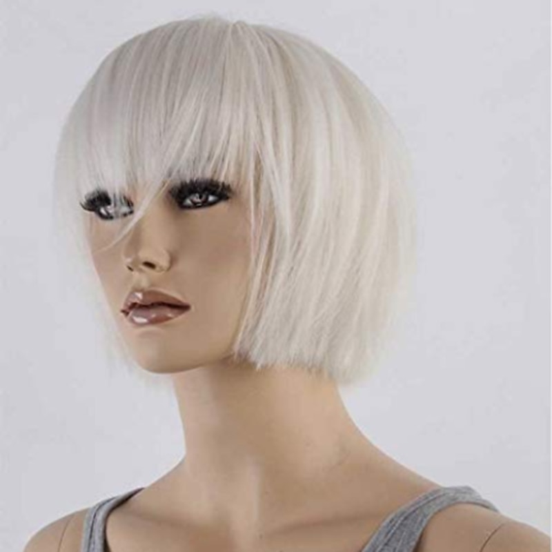 White Wigs for Women Synthetic Wig Kinky Straight Bob Neat Bang Wig Short White Synthetic Hair 7 Inch Women's White Christmas Party Wigs3