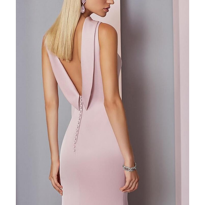 Beach Wedding Sheath Evening Gown Elegant Dress Wedding Guest Engagement Floor Length Sleeveless High Neck Satin V Back with Pleats2