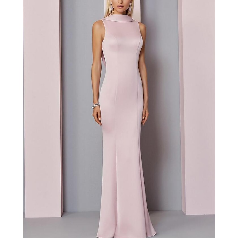 Beach Wedding Sheath Evening Gown Elegant Dress Wedding Guest Engagement Floor Length Sleeveless High Neck Satin V Back with Pleats