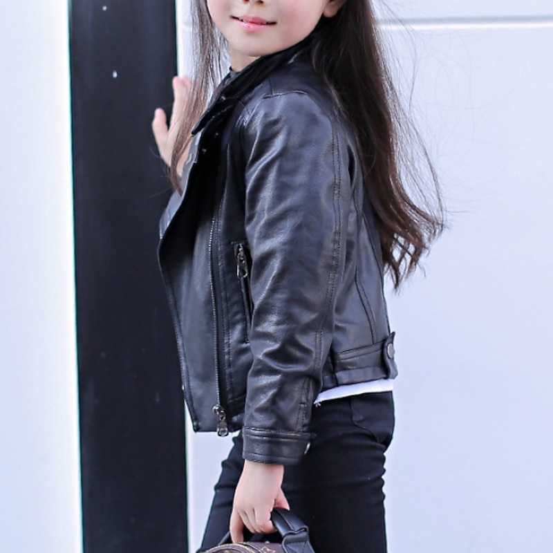 Girls' Black Leather Jacket Solid Colored Jacket & Coat Basic PU Toddler School4