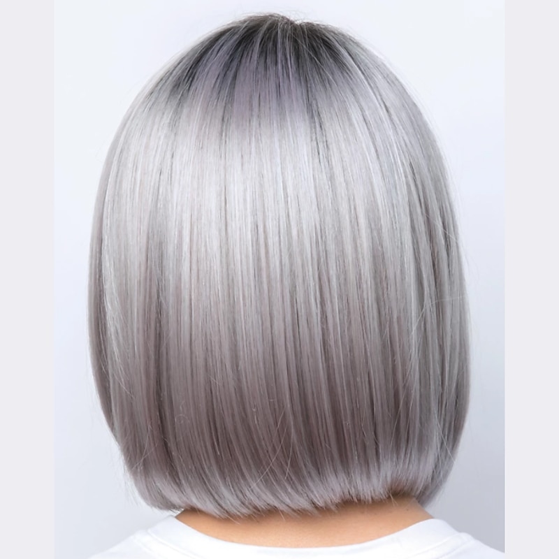 Synthetic Wig Straight kinky Straight Bob Machine Made Wig Short Grey Brown Synthetic Hair 11 inch Women's Brown Gray / Daily Wear3