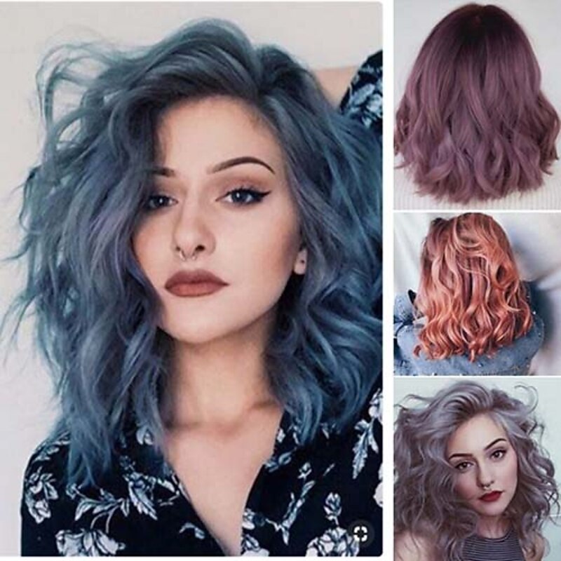 Synthetic Wig Curly Asymmetrical Machine Made Wig Medium Length Grey Ombre Blue Synthetic Hair 16 inch Women's Mixed Color / Engagement Party / Bridal Shower / Honeymoon Christmas Party Wigs2