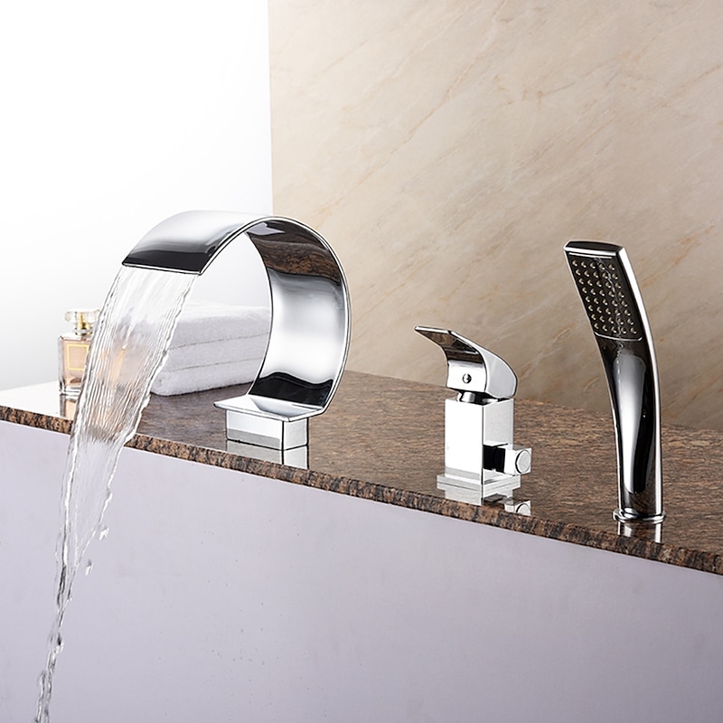 Bathtub Faucet - Contemporary Chrome Roman Tub Ceramic Valve Bath Shower Mixer Taps / Brass / Single Handle Three Holes2