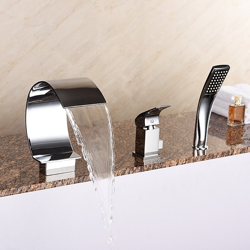 Bathtub Faucet - Contemporary Chrome Roman Tub Ceramic Valve Bath Shower Mixer Taps / Brass / Single Handle Three Holes3