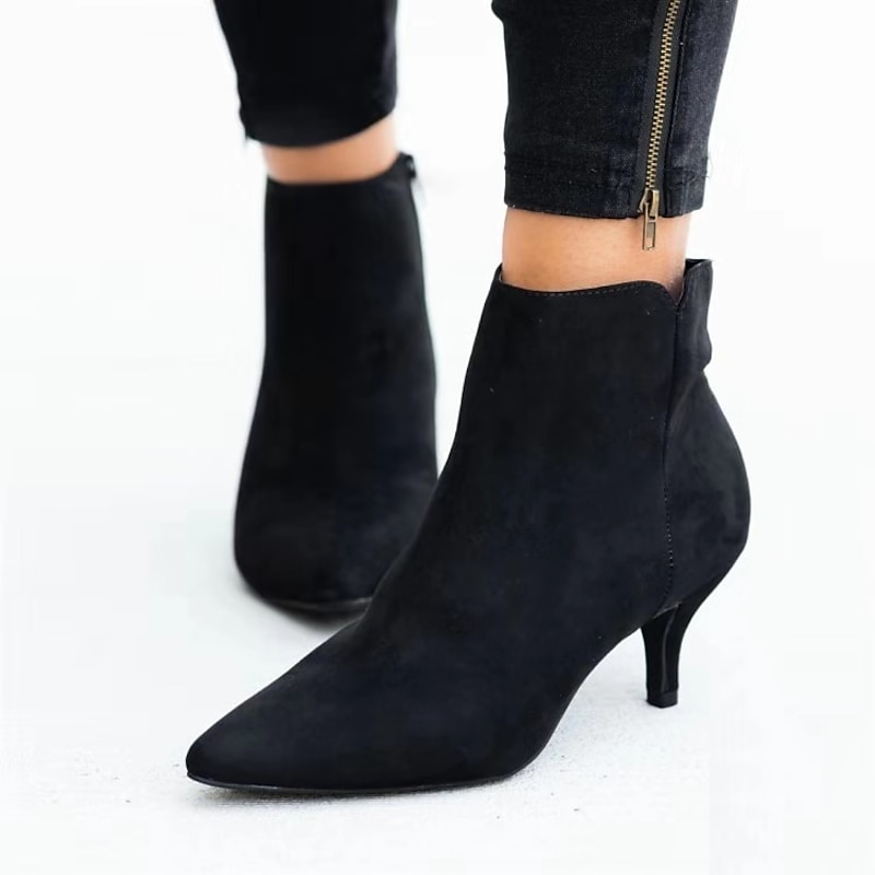 Women's Black Faux Suede Ankle Boots with Pointed Toe & Kitten Heel - Elegant Casual & Evening Footwear for Office & Special Events