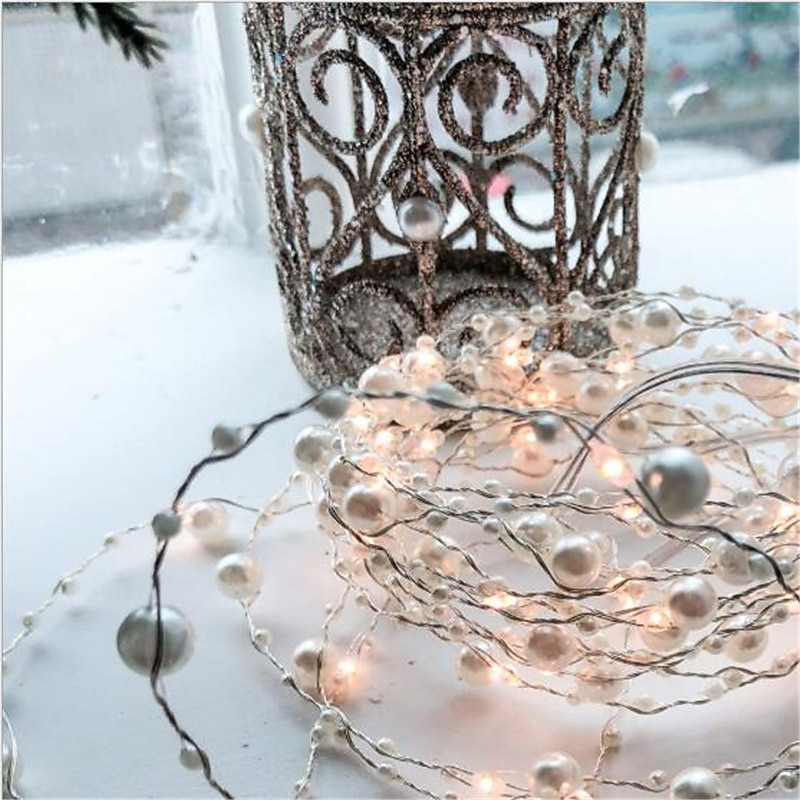 Elegant Wedding Reception Party 1PCS Battery Operated Pearl LED Copper Wire String Lights Pearlized Fairy Lights for Wedding Home Party Christmas Decorations 2M 20Leds2