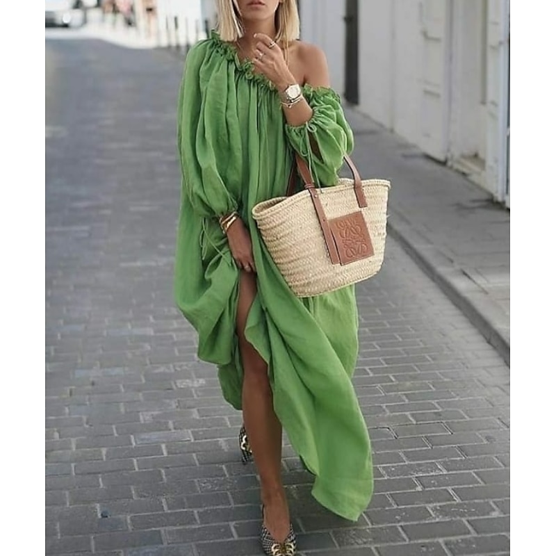 Women's Casual Dress Swing Dress Boho Dress Long Dress Maxi Dress Apricot Green Blue Long Sleeve Pure Color Ruched Winter Fall Spring One Shoulder Fashion Winter Dress Daily Vacation Loose Fit 2023 M