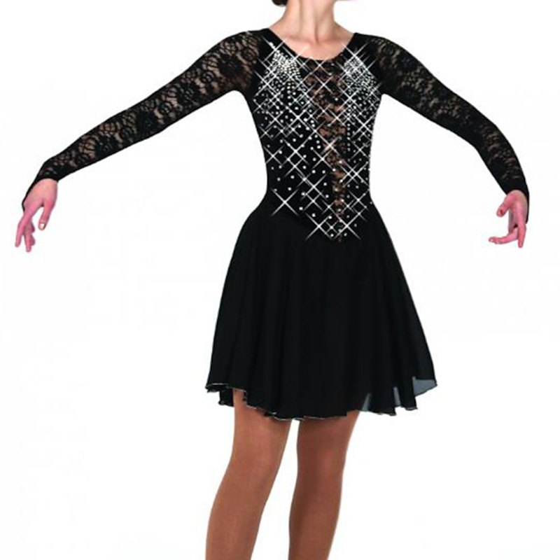 Figure Skating Dress Women's Girls' Ice Skating Dress Outfits Black Patchwork Spandex High Elasticity Training Competition Skating Wear Handmade Crystal / Rhinestone Long Sleeve Ice Skating Figure