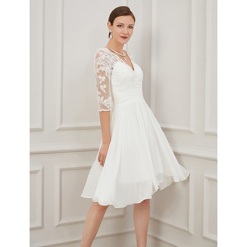 Reception Little White Dress Bridal Shower Dresses Wedding Dresses A-Line V Neck Half Sleeve Knee Length Chiffon Bridal Gowns With Draping Appliques3
