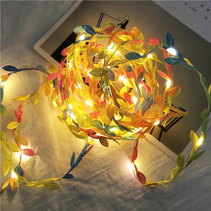 Elegant Wedding Party Reception 2M 20LED Tiny Colorful Leaves Garland Fairy Lights - AA Battery Powered LED Copper Wire String Lights for Table, Home Party Decor, Warm White