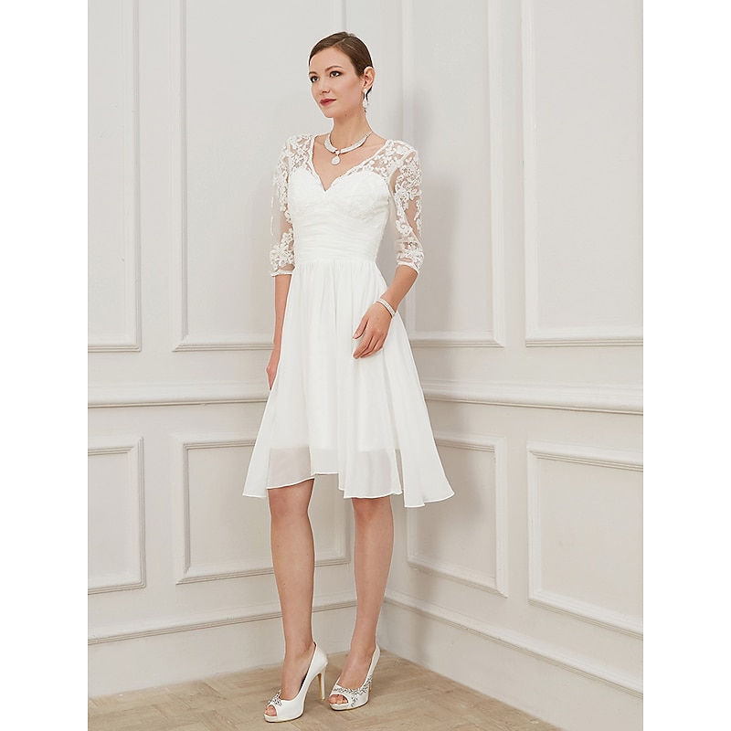 Reception Little White Dress Bridal Shower Dresses Wedding Dresses A-Line V Neck Half Sleeve Knee Length Chiffon Bridal Gowns With Draping Appliques 2