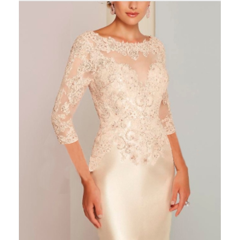 Sheath Mother of the Bride Dress Wedding Guest Elegant Jewel Neck Knee Length Charmeuse 3/4 Length Sleeve with Appliques Race Day Dress2