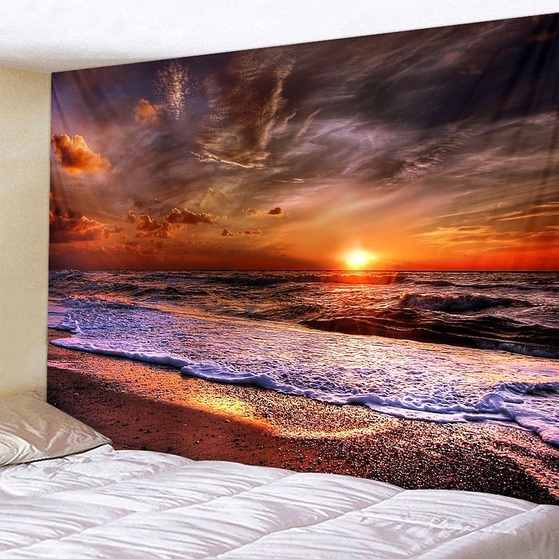 Wall Tapestry Art Decor Blanket Curtain Picnic Tablecloth Hanging Home Bedroom Living Room Dorm Decoration Landscape Beach Sea Ocean Wave Sunrise Sunset Rosy Cloud2