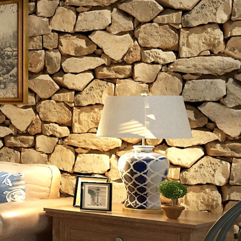 Cool Wallpapers Wall Mural Brick Wallpaper Brown 3D Rock Stone Wall Covering Adhesive Required PVC Home Décor 1000*53 cm4