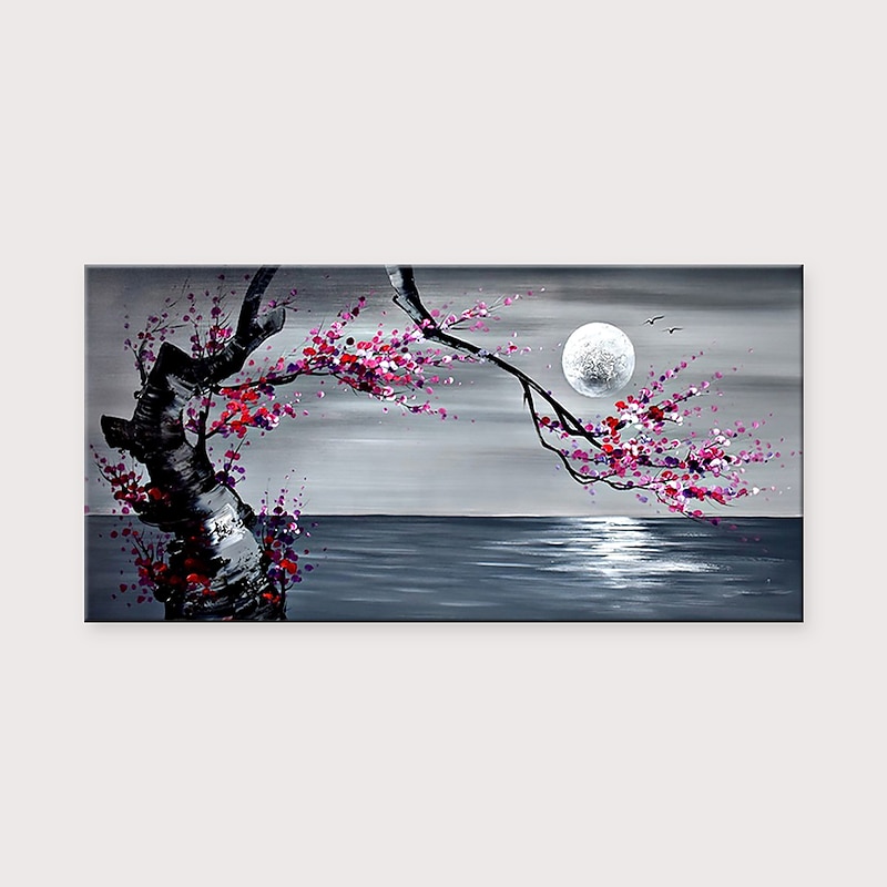 Landscape Oil Painting Hand Painted Wall Art Canvas Vintage Plum Blossom Moon Landscape Floral / Botanical Modern Rolled Canvas (No Frame)3