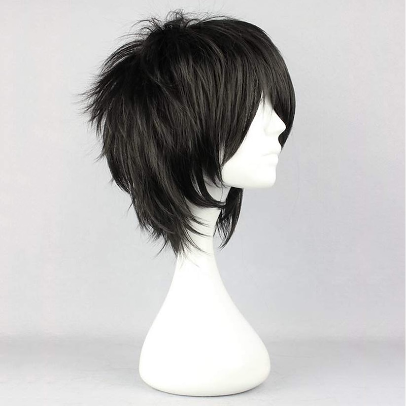 Black Wigs for Men Cosplay  Wig Synthetic Wig Curly Asymmetrical Wig Short Black Synthetic Hair 12 Inch Men's Fluffy Black Halloween Wigs3