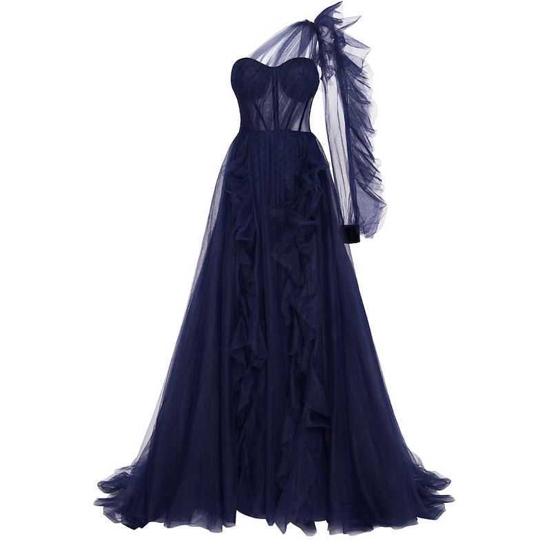 A-Line Evening Gown Corsets Dress Wedding Guest Engagement Court Train Long Sleeve One Shoulder Tulle with Ruffles Slit Masquerade Dress2