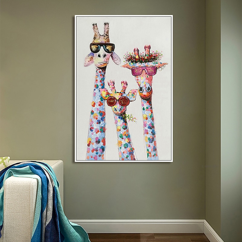 Nursery Oil Painting Handmade Hand Painted Wall Art Colorful Cartoon Giraffe Animal Home Decoration Décor Stretched Frame Ready to Hang 9