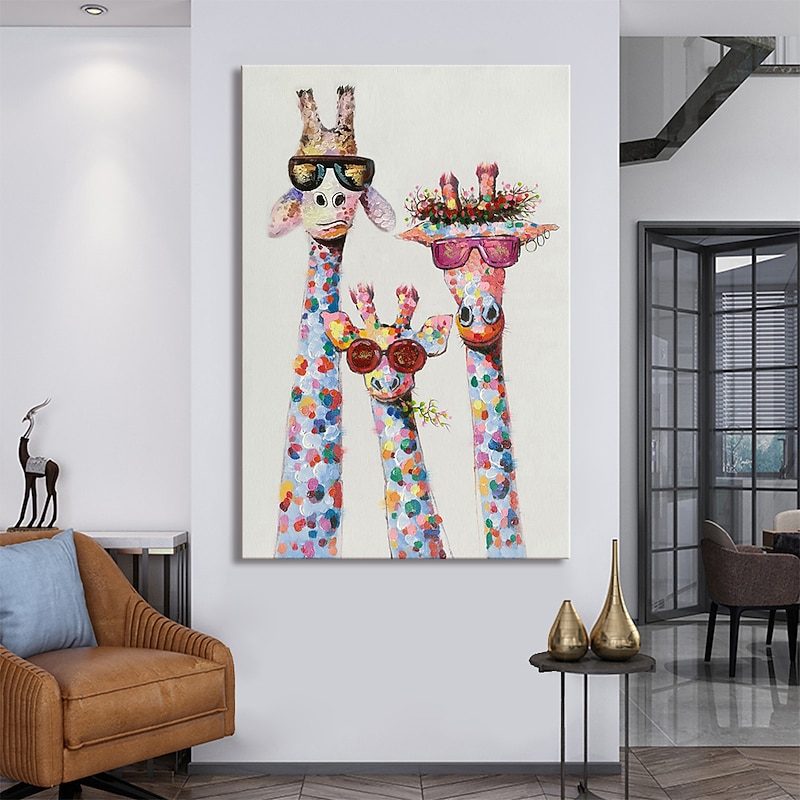 Nursery Oil Painting Handmade Hand Painted Wall Art Colorful Cartoon Giraffe Animal Home Decoration Décor Stretched Frame Ready to Hang 10