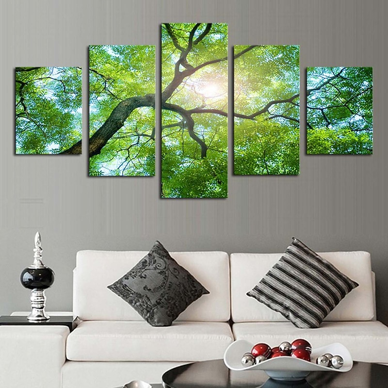 5 Panels Wall Art Canvas Prints Posters Painting Artwork Picture Green Forest Sun Modern Home Decoration Décor Rolled Canvas With Stretched Frame
