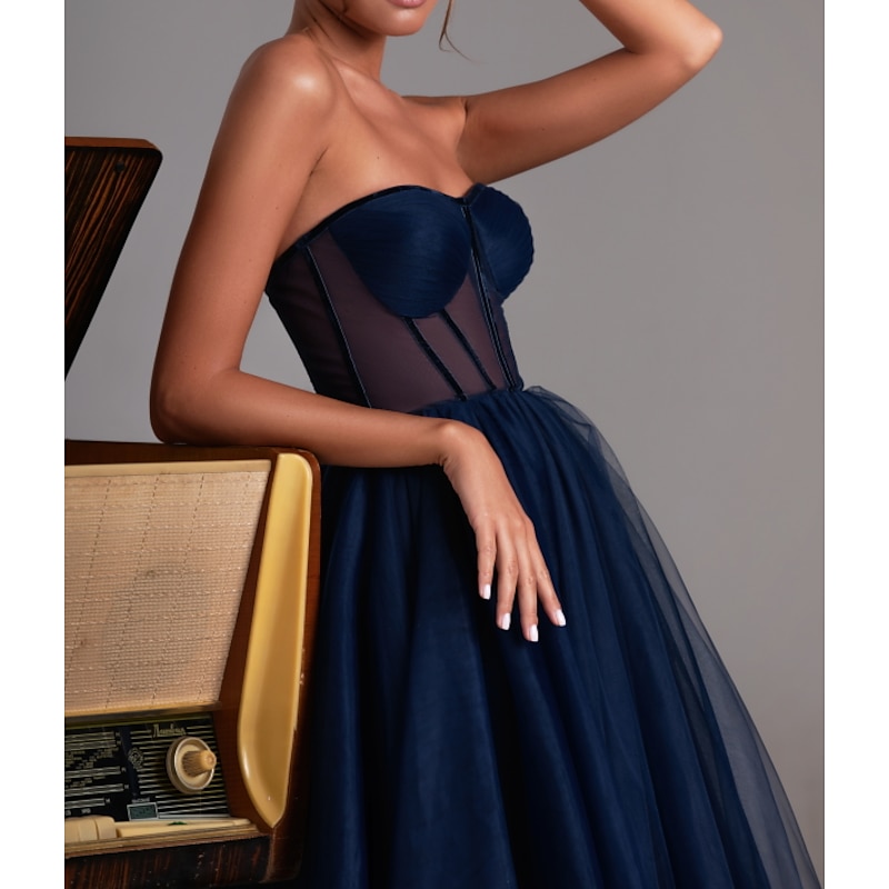 A-Line Cocktail Black Dress Party Dress Cocktail Party Prom Tea Length Sleeveless Sweetheart Fall Wedding Guest Tulle with Pleats dress to impress Dresses2