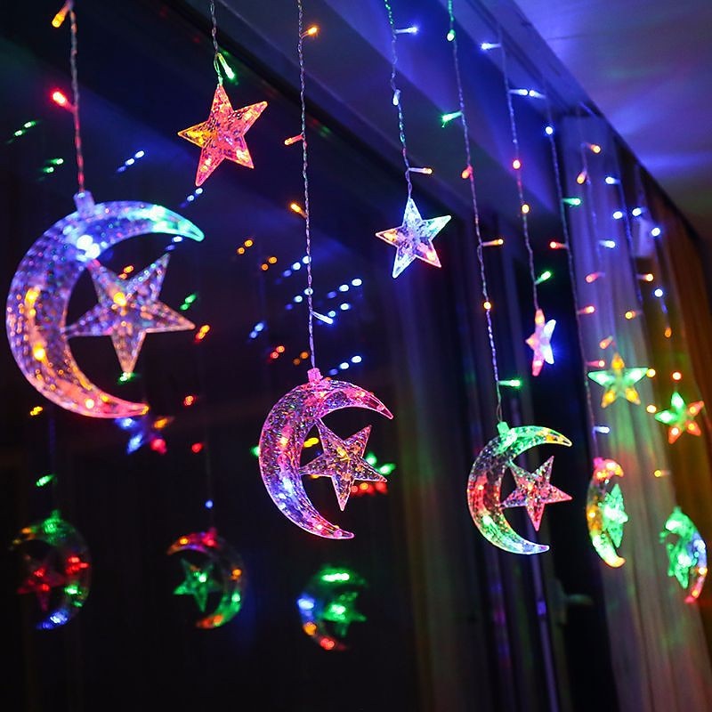 Elegant Wedding Party Reception Ramadan Eid String Lights - 12pcs Moon & Star, 2.5M LED Curtain Lamp, Wedding & Festival Decoration, Neon Lantern Fairy Lights for Eid al-Fitr Holiday3
