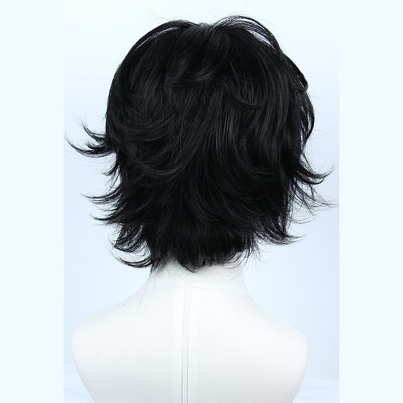 Cosplay Costume Wig Synthetic Wig Loose Curl Asymmetrical Wig Short Natural Black Synthetic Hair 10 inch Men's Fluffy Black Halloween Wigs3