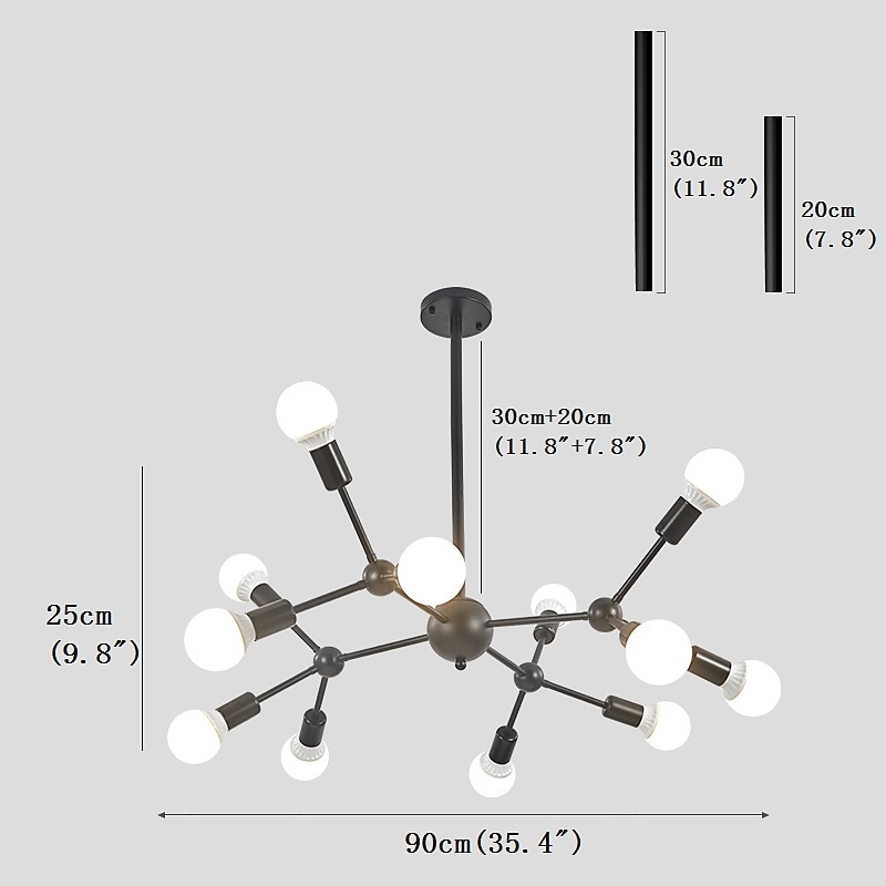 12 Heads 90cm Chandelier Sputnik Light Nordic Gold Black Painted Finishes Cluster Design Metal Ceiling Light for Living Room Bulb not Included 60W3