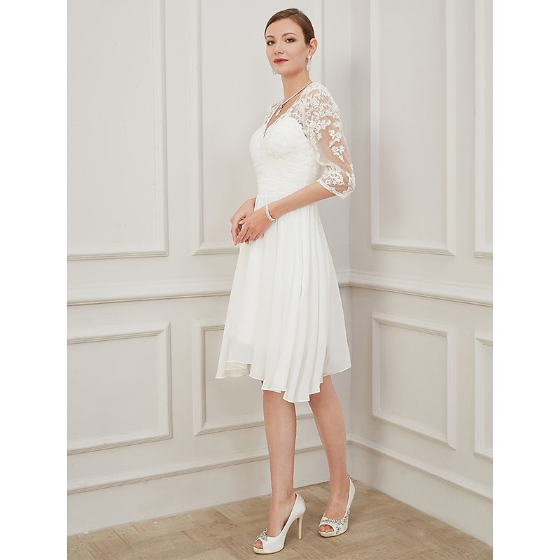 Reception Little White Dress Bridal Shower Dresses Wedding Dresses A-Line V Neck Half Sleeve Knee Length Chiffon Bridal Gowns With Draping Appliques2