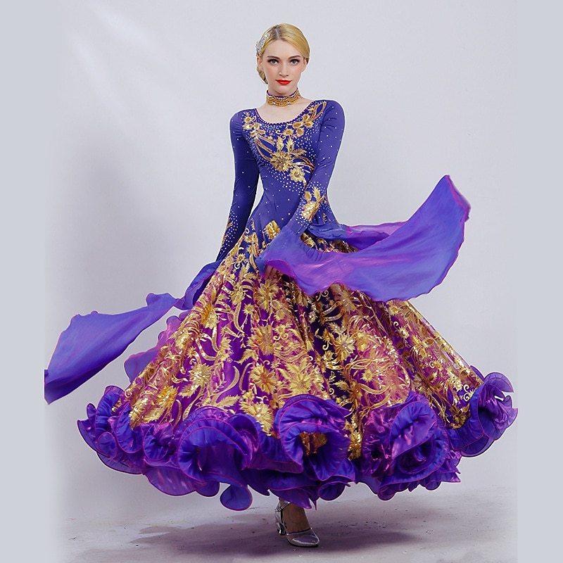 Ballroom Dance Dress Embroidery Cascading Ruffles Paillette Women's Performance Long Sleeve Ice Silk