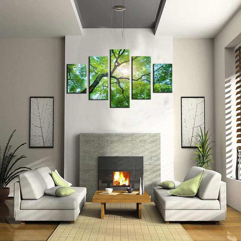 5 Panels Wall Art Canvas Prints Posters Painting Artwork Picture Green Forest Sun Modern Home Decoration Décor Rolled Canvas With Stretched Frame4