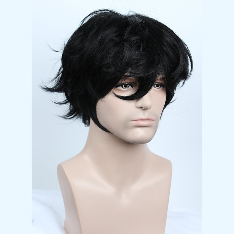 Cosplay Costume Wig Synthetic Wig Loose Curl Asymmetrical Wig Short Natural Black Synthetic Hair 10 inch Men's Fluffy Black Halloween Wigs2
